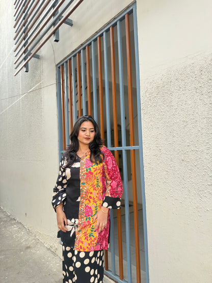 German rayon kurta palazzo set for women with printed detailing work