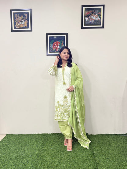 Cotton Dobby Kurti Afghani Pant Dupatta Set with Mirror Hand Work and Chiffon Dupatta for Women