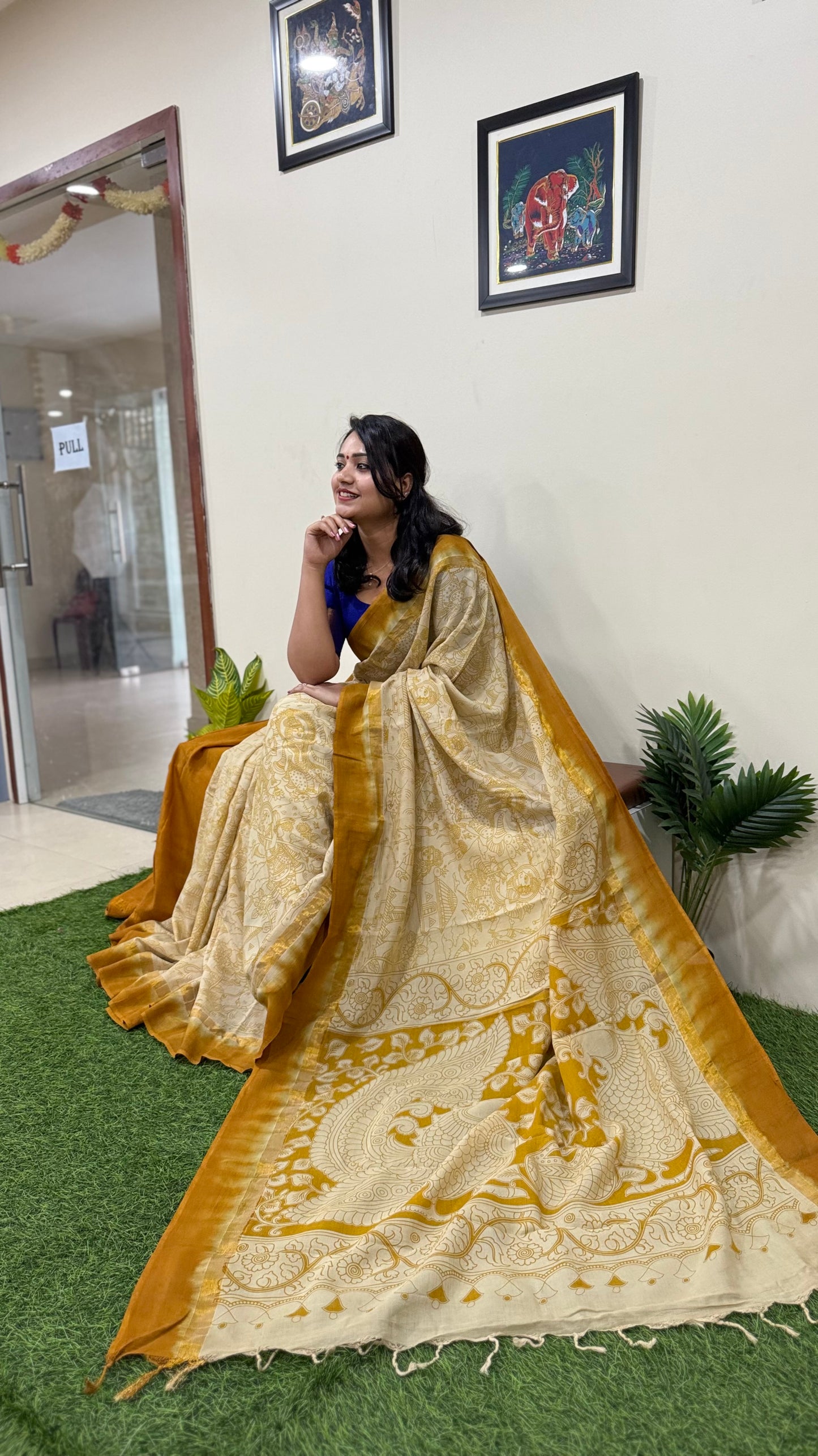 Pure Nellore Silk Saree with Hand-Dyed Outline Kalamkari Border for Festive Wear