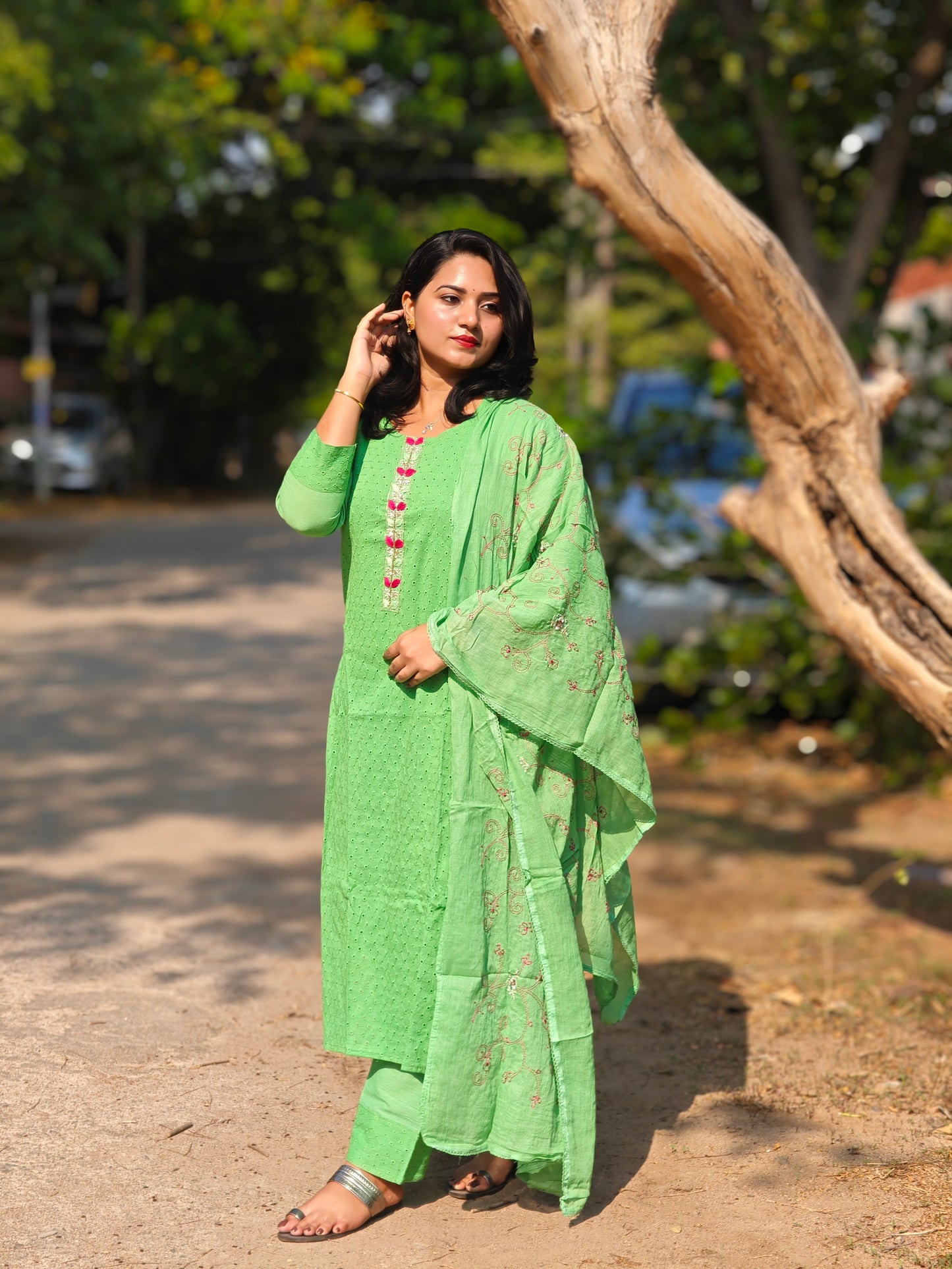 Cotton Schiffli Chikankari Kurta Set with Pants and Printed Silk Dupatta – Women’s Ethnic Wear