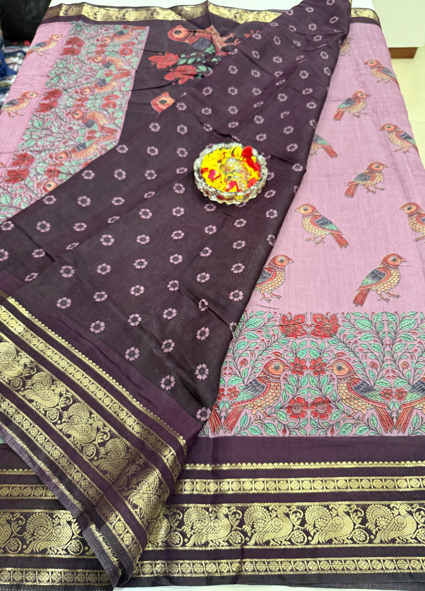 Venkatagiri style silk-blend printed saree with bird motifs and zari-style border, 6.3m women’s festive saree
