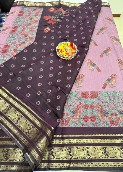 Venkatagiri style silk-blend printed saree with bird motifs and zari-style border, 6.3m women’s festive saree