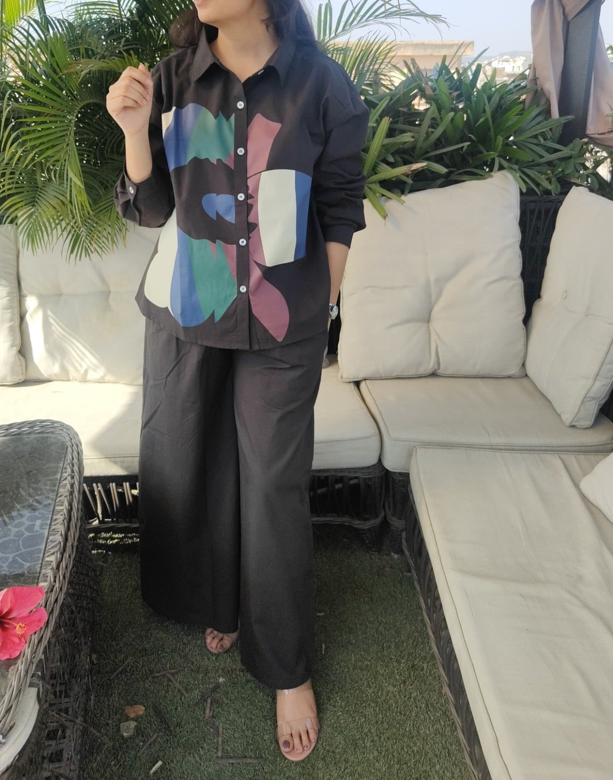 Premium Poplin Co-ord Set for Women with Abstract Print Shirt and Wide-Leg Pants – Smart Casual Outfit