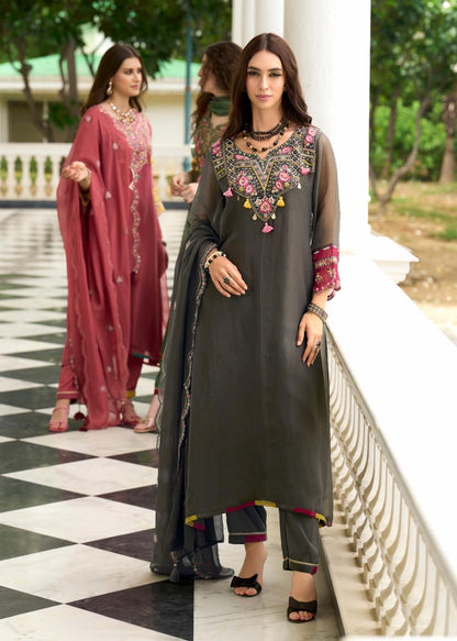 Organza Crush 3-Piece Suit Set with Embroidery, Handwork and Muslin Inner for Women