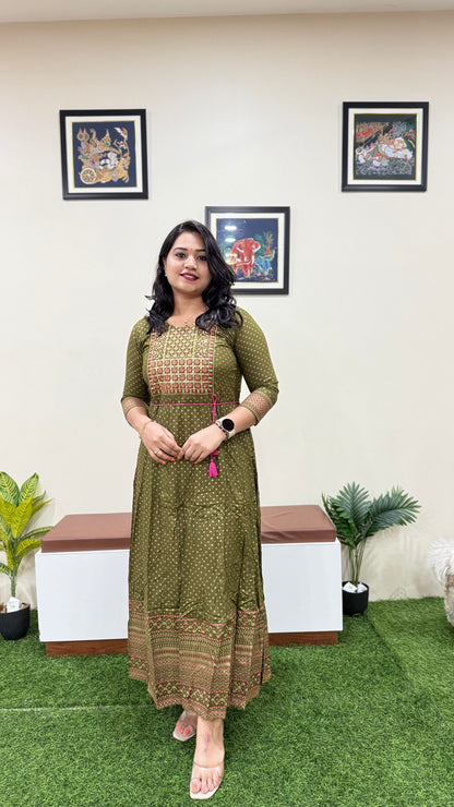 Rayon Foil Print Anarkali Gown with Embroidered Neck and Belt – Liva Tag – Sizes M to 3XL