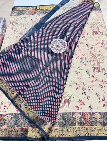 Chennuri silk style printed saree with traditional artwork border and unstitched blouse fabric for women