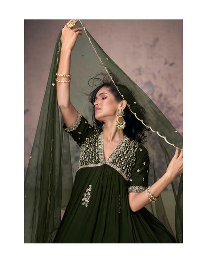 Real Chinon Silk Embroidered Kurta Set with Dupatta – Free Size Stitched Festive Wear for Women