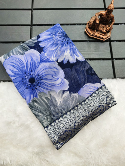 Women’s Heavy Chiffon Georgette Saree with Floral Print, Silver Border and Jacquard Blouse