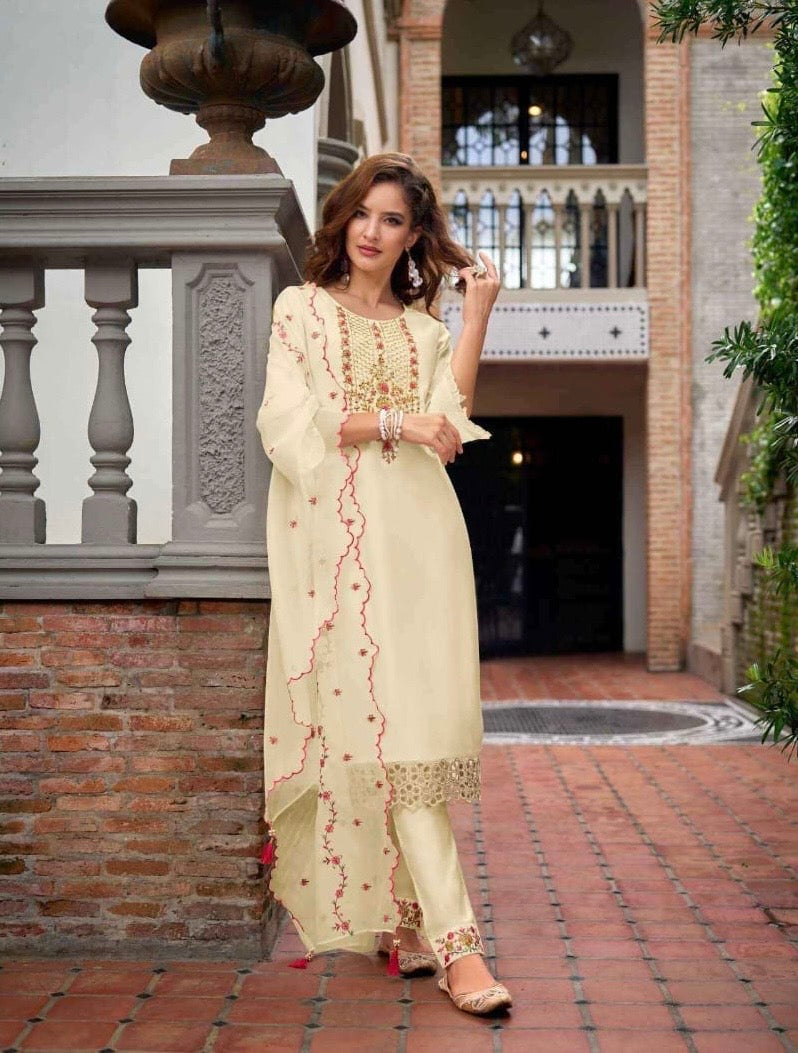 Milan Silk Handworked Kurta Pant Dupatta Set with Embroidered Organza Dupatta – Sizes M to XXL