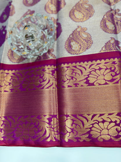 Bridal tissue saree for women with woven zari work and contrast border, kanchipuram style powerloom saree with blouse fabric