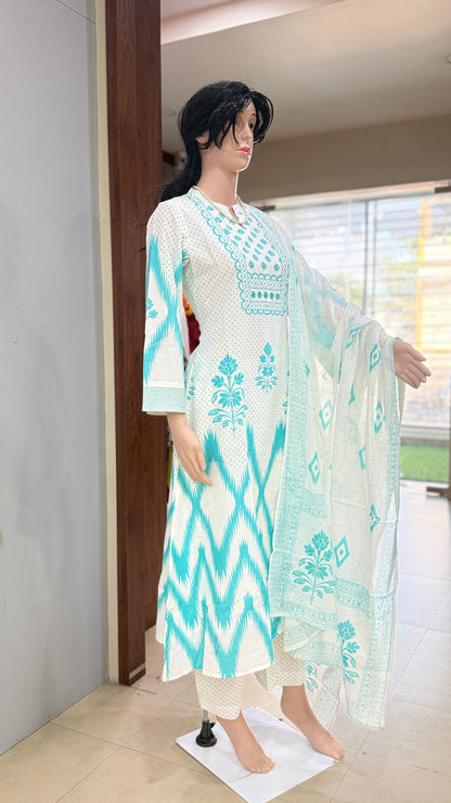 Cotton kurta pant dupatta set for women with lining, printed ethnic 3 piece suit set, sizes 38 to 46