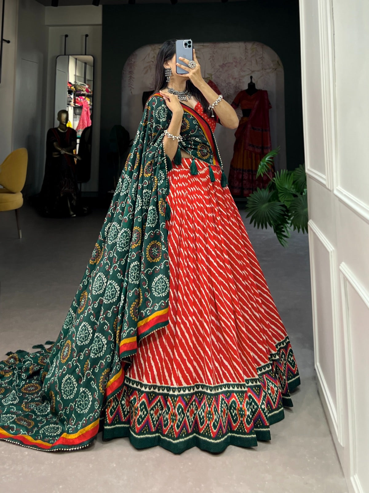Pure Dola Tusser Silk Chaniya Choli with Foil Print Work and Resham Thread Dupatta