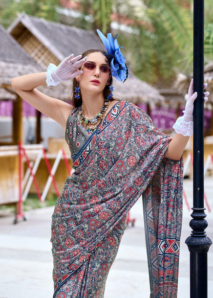 Pure Satin Silk Saree with Ajrakh Print – Festival and Traditional Wear Saree for Women
