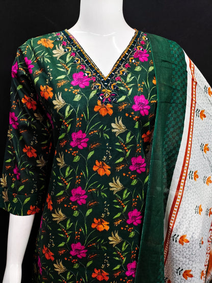 Cotton Kurti Pant Dupatta Set with Handwork and Mirror Detailing for Women