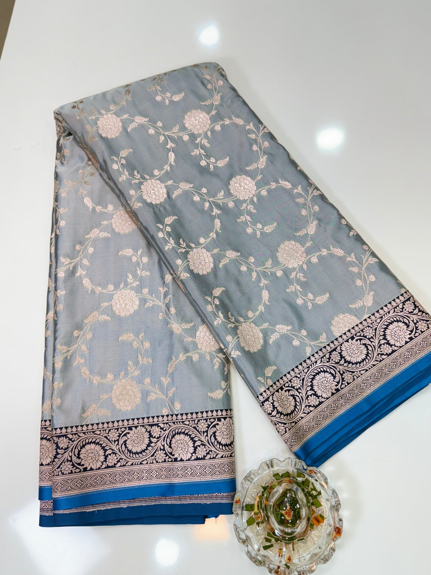 Banarasi Mashru Katan Silk Saree in Grey and Navy Blue with Contrast Blouse Piece – Women’s Festive Wear