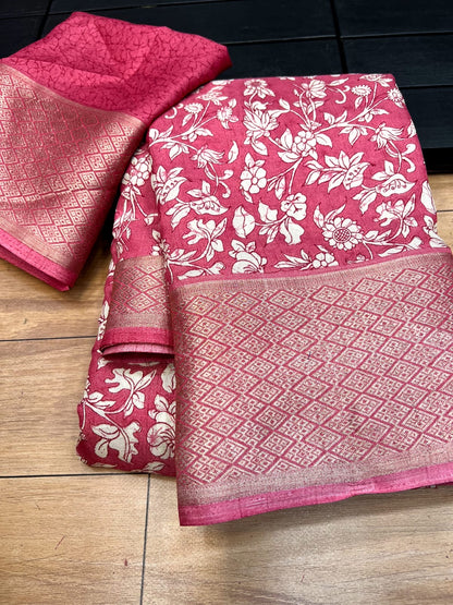 Women’s Printed Binni Crepe Silk Saree with Weaving Viscose Border and Matching Blouse
