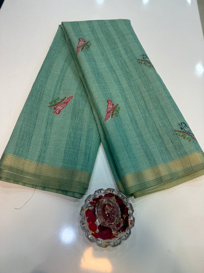 Ghicha cotton saree with bird motif pallu and tassel border, printed cotton saree for women