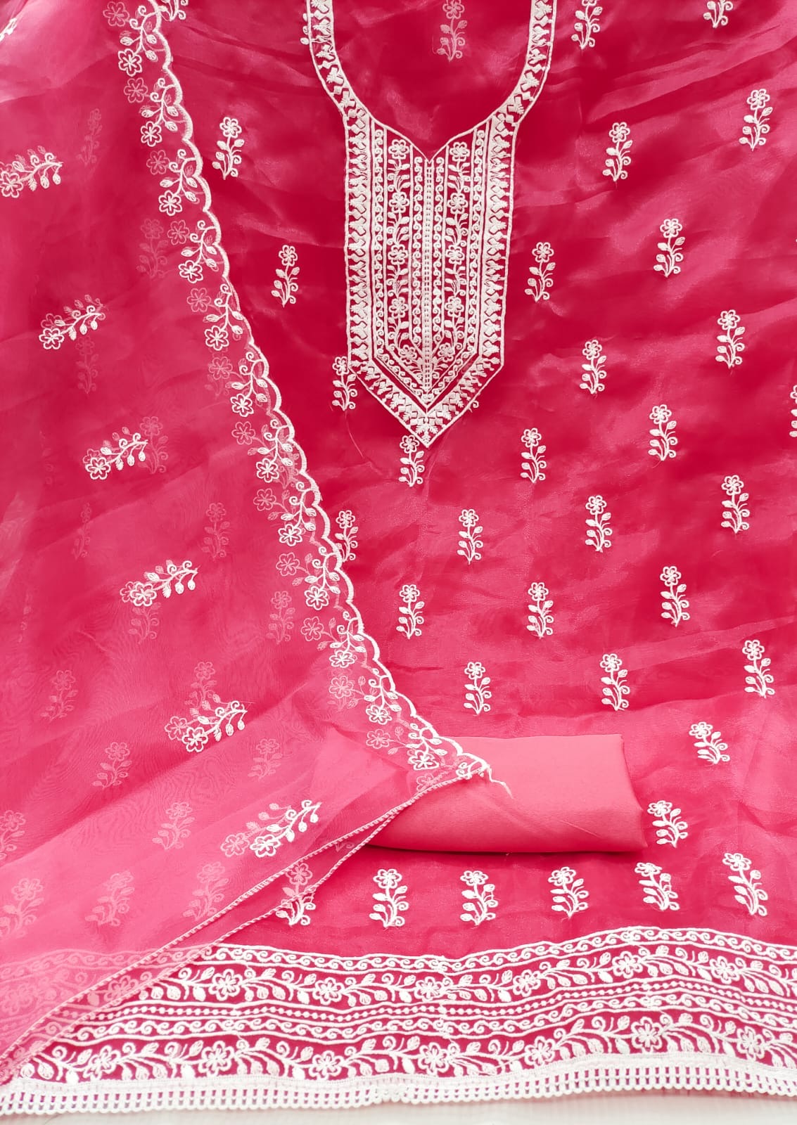 Unstitched Organza Silk Dress Material with Multi-Work Detailing, Micro Fabric Bottom and Organza Dupatta