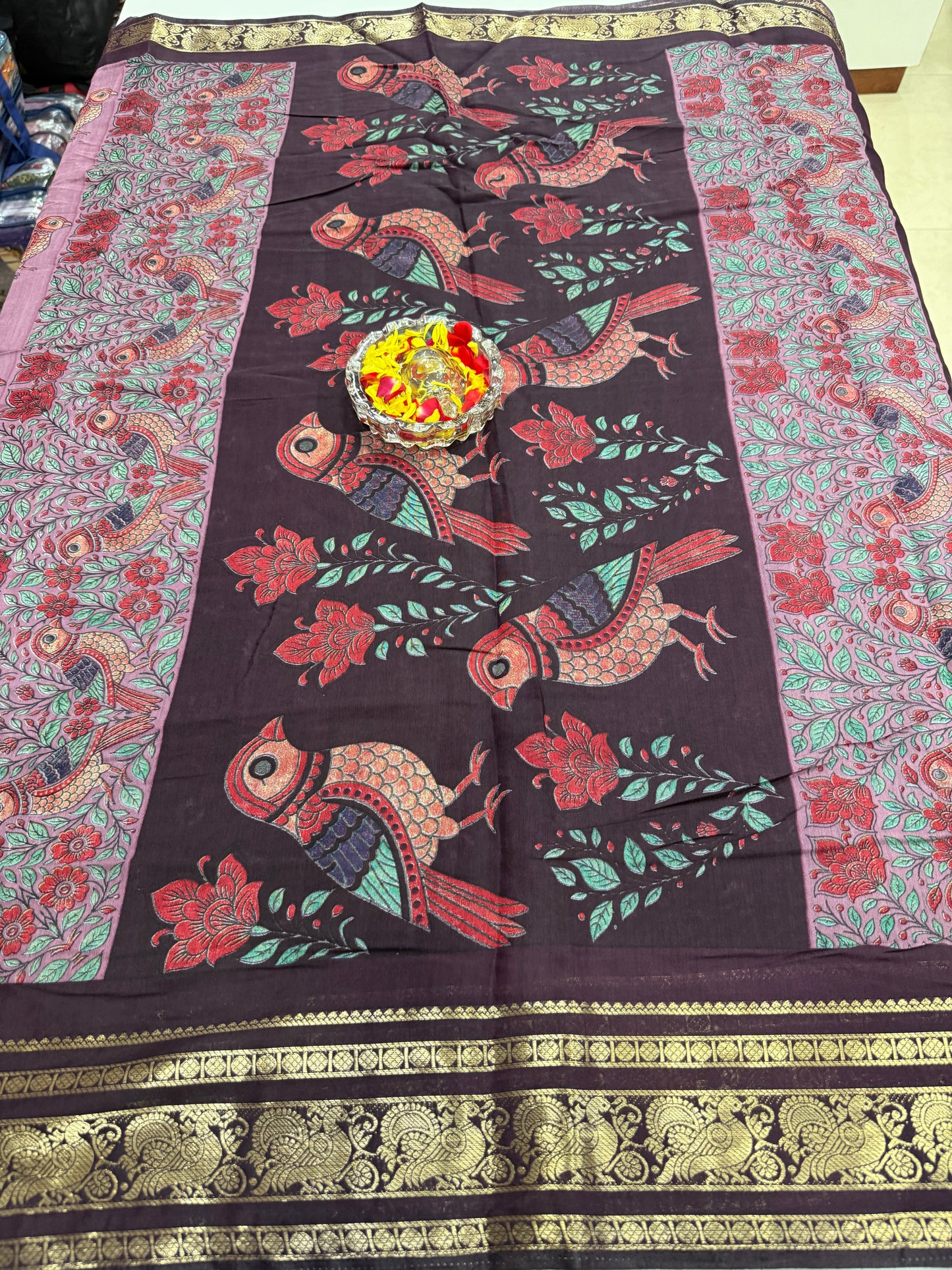 Venkatagiri style silk-blend printed saree with bird motifs and zari-style border, 6.3m women’s festive saree