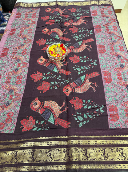 Venkatagiri style silk-blend printed saree with bird motifs and zari-style border, 6.3m women’s festive saree