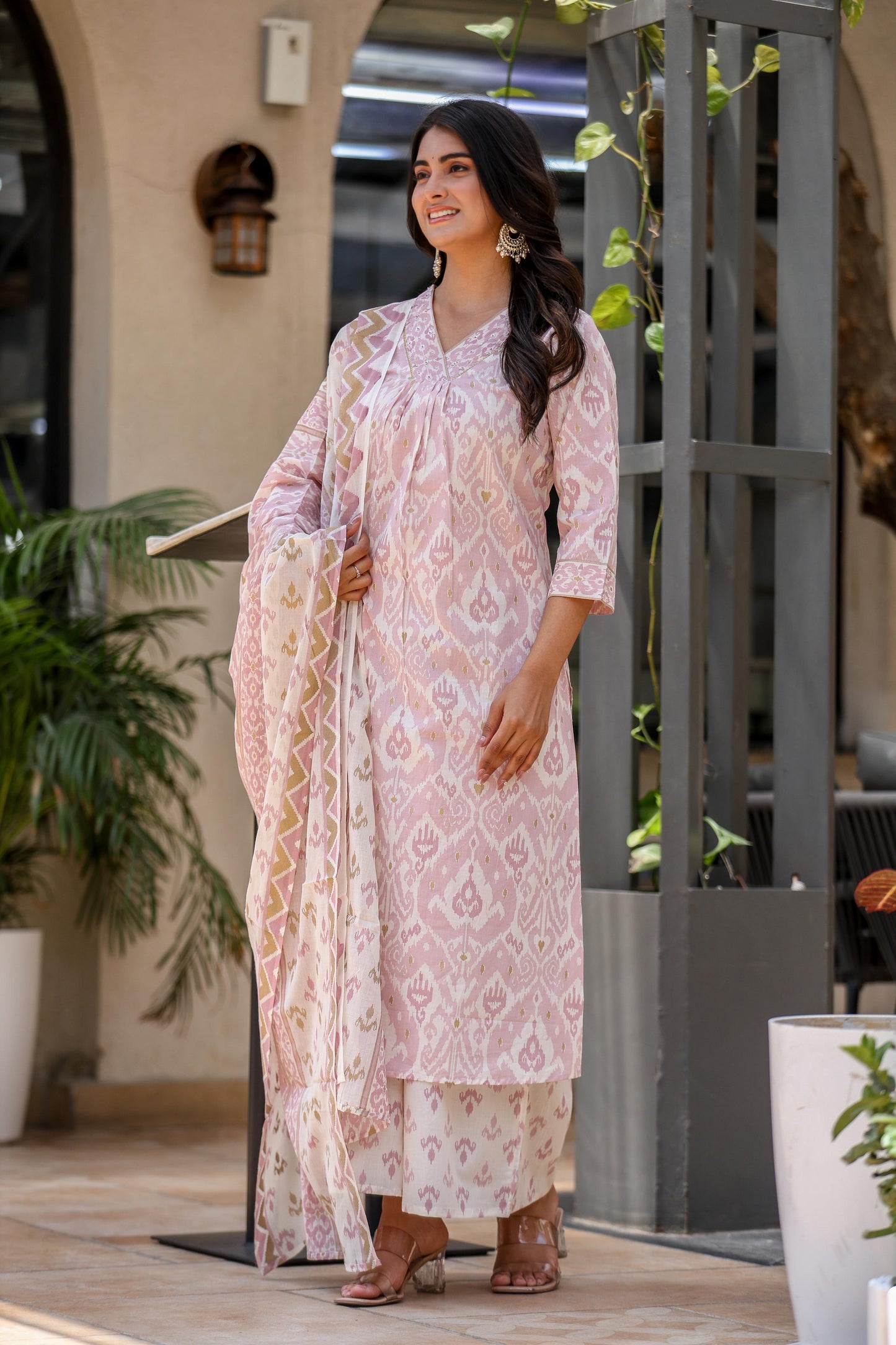 Sleeveless Cotton Kurta Pant Dupatta Set with Kota Doria Dupatta for Women