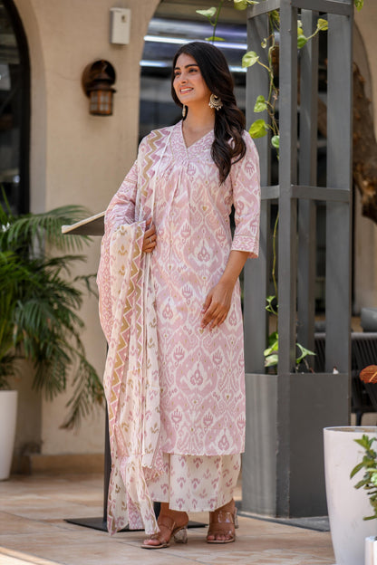 Sleeveless Cotton Kurta Pant Dupatta Set with Kota Doria Dupatta for Women