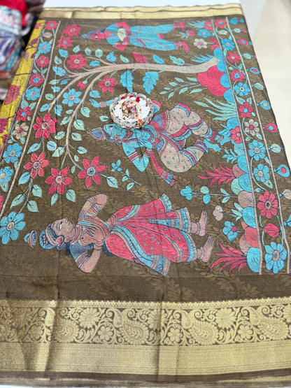 Silk blend printed saree with zari border and digital pallu print, 6.3m with running blouse, 6 color options