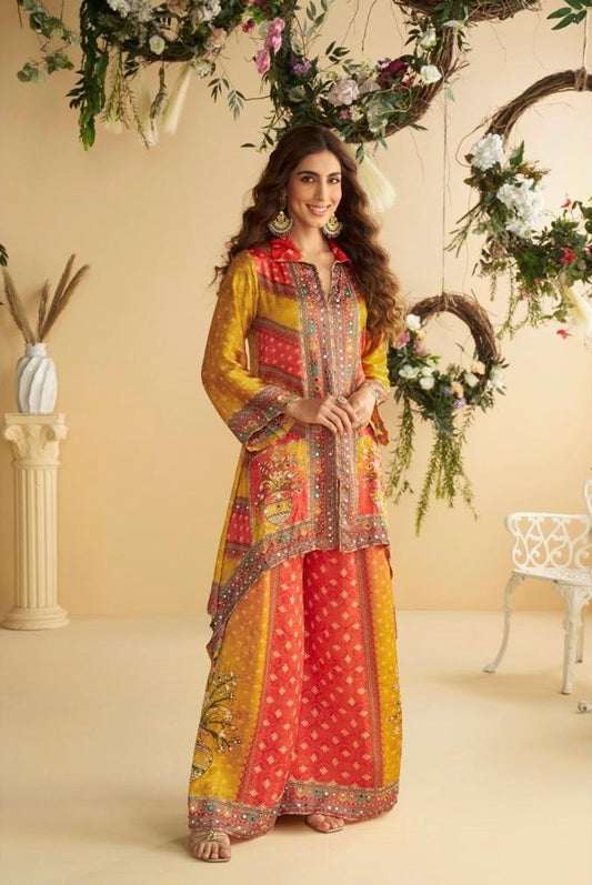 Crepe Silk Digital Printed Co-Ord Set with Mirror Work for Women – Festive Wear Kurta Pant Set