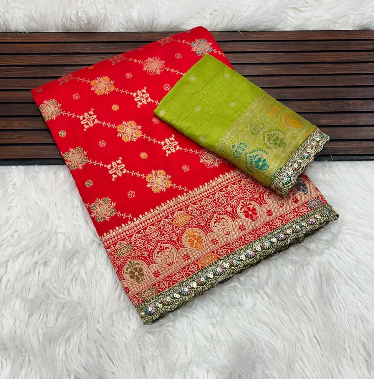 Masharu Silk Saree with Lakhnavi Meena Jacquard Weaving and Contrast Embroidered Blouse