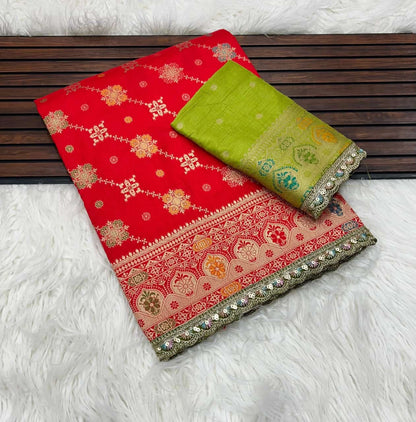 Masharu Silk Saree with Lakhnavi Meena Jacquard Weaving and Contrast Embroidered Blouse