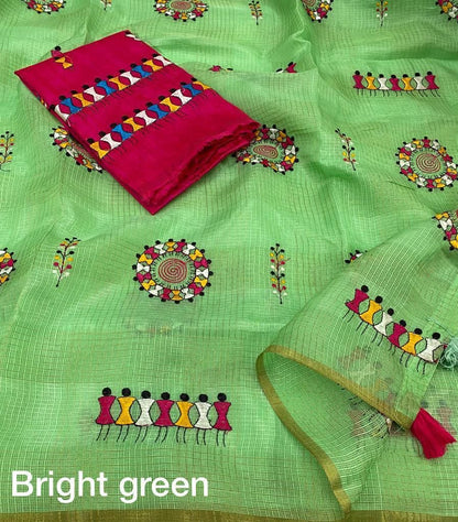 Manipuri Kota Chex Saree with Worli Embroidery and Zari Pattu Border, Mulberry Silk Blouse