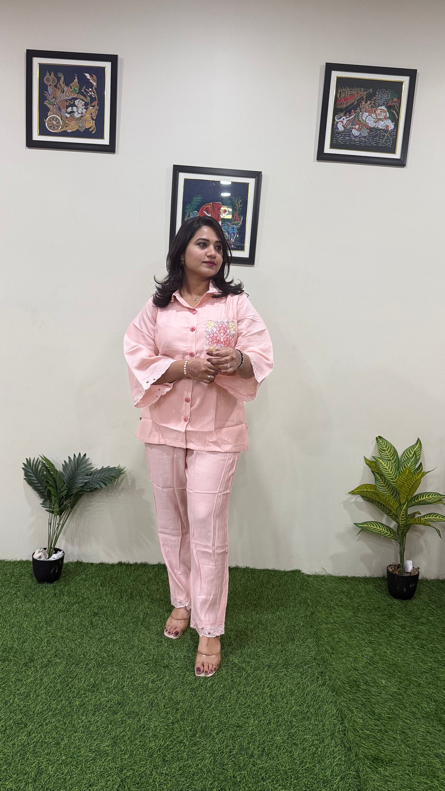 Women's Pure Silk Co-ord Set in Blush Pink with Flared Sleeves, Embroidered Pocket, and Lace Hem