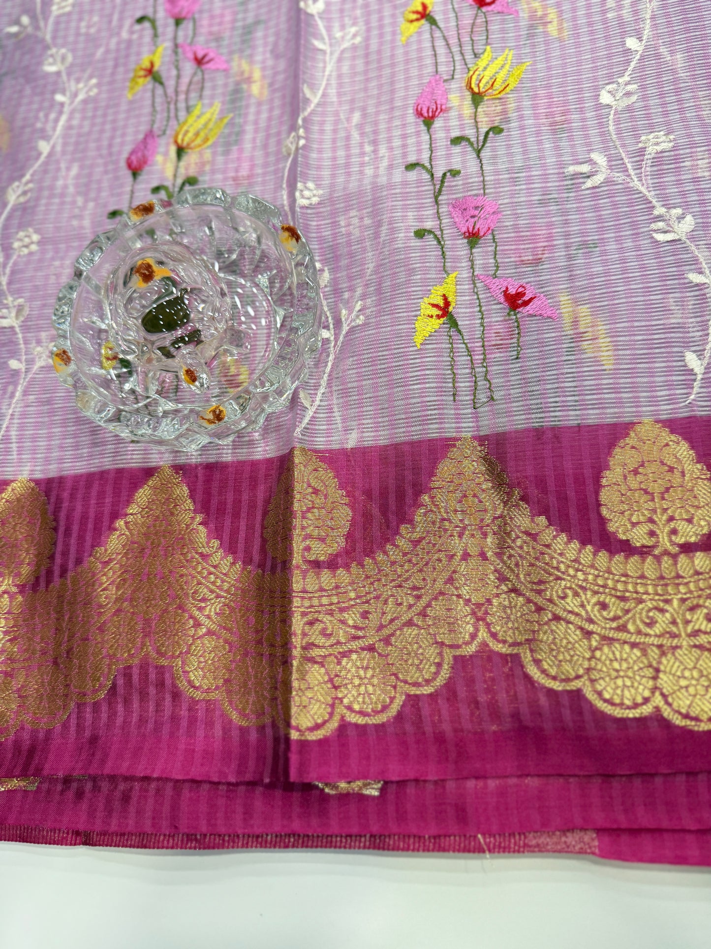 Banarasi handloom Kota check saree with mina embroidery, scalloped border and zari chit pallu