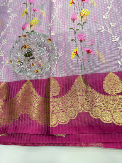 Banarasi handloom Kota check saree with mina embroidery, scalloped border and zari chit pallu