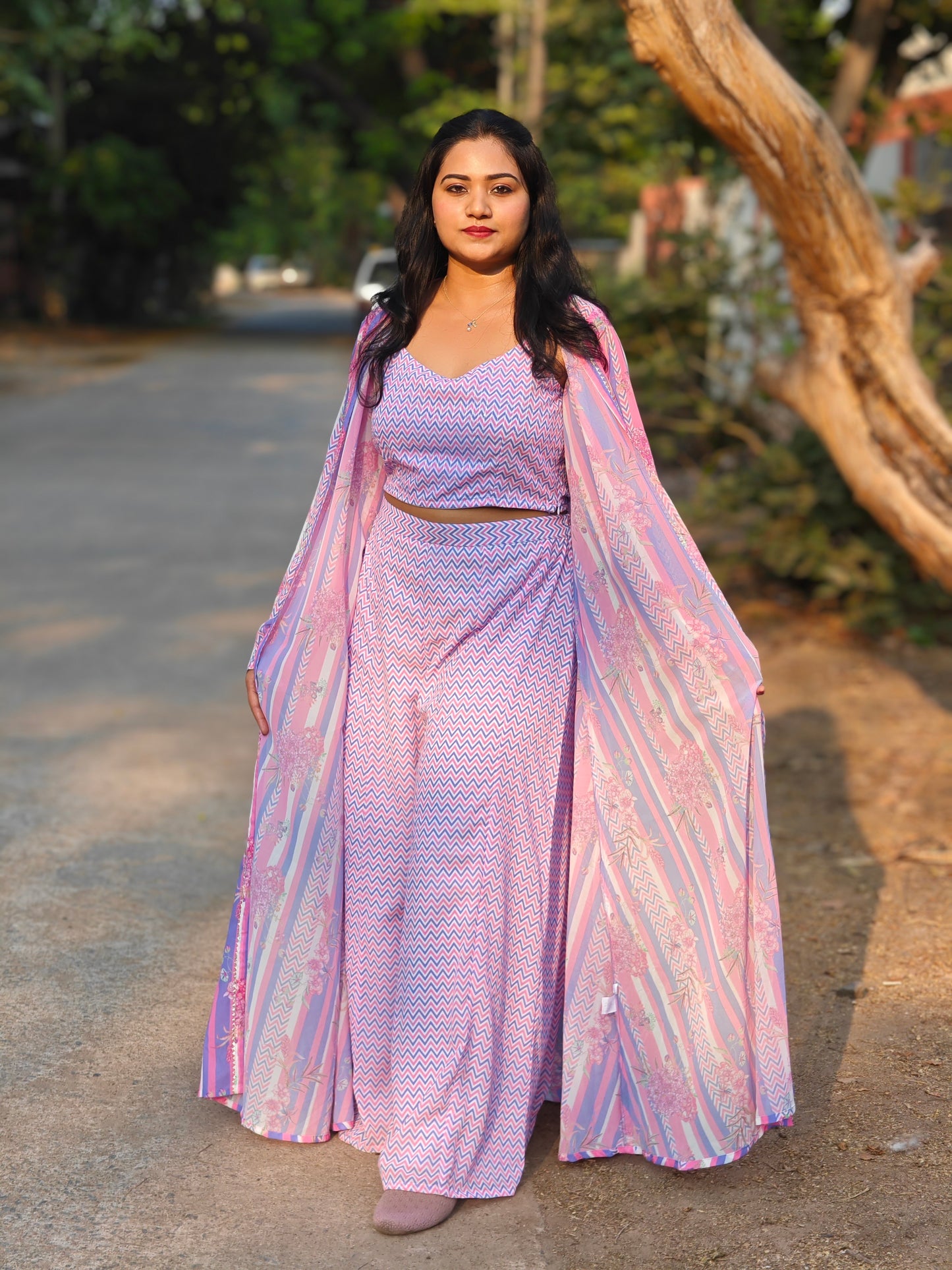 Women’s Georgette Chevron Print 3-Piece Set with Jacket – Sizes L, XL & 2XL