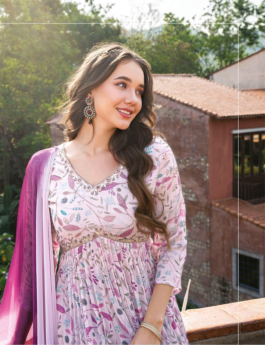 Women’s pure chinon Alia cut kurti set with handwork and shaded nazmin dupatta – festive ethnic wear