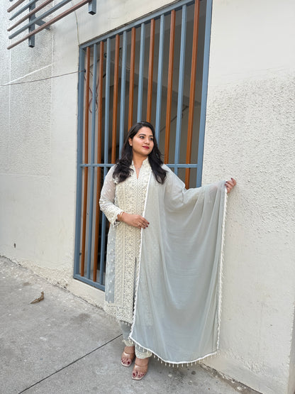 Women’s premium georgette embroidered stitched suit set with beads work and palazzo (XL)