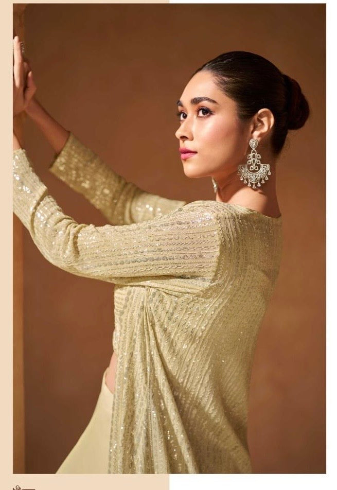 Real Georgette 3-Piece Embroidered Ethnic Set with Front and Back Detailing – Free Size Stitched for Women