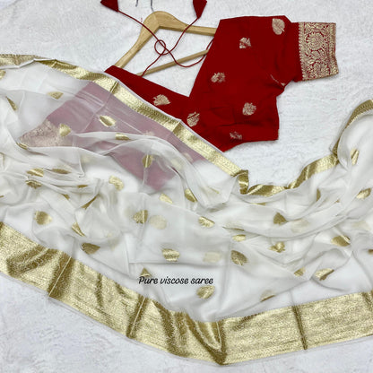 Women’s Pure Viscose Georgette Saree with Leaf Zari Design and Contrast Running Blouse