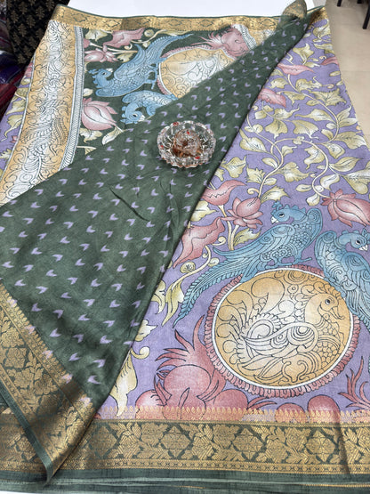 Silk blend printed saree with floral and bird motifs, zari border, women’s festive wear saree