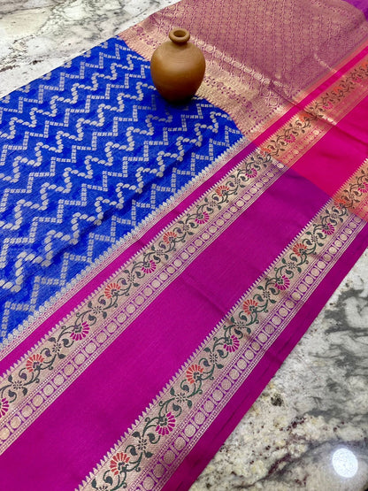 Mangalgiri Tissue Saree with Floral Design, Zari Rich Pallu, Big Border, and Contrast Blouse Piece for Women