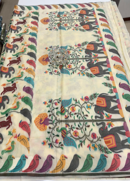 Soft silk printed saree with multicolour ethnic motifs and contrast blouse piece