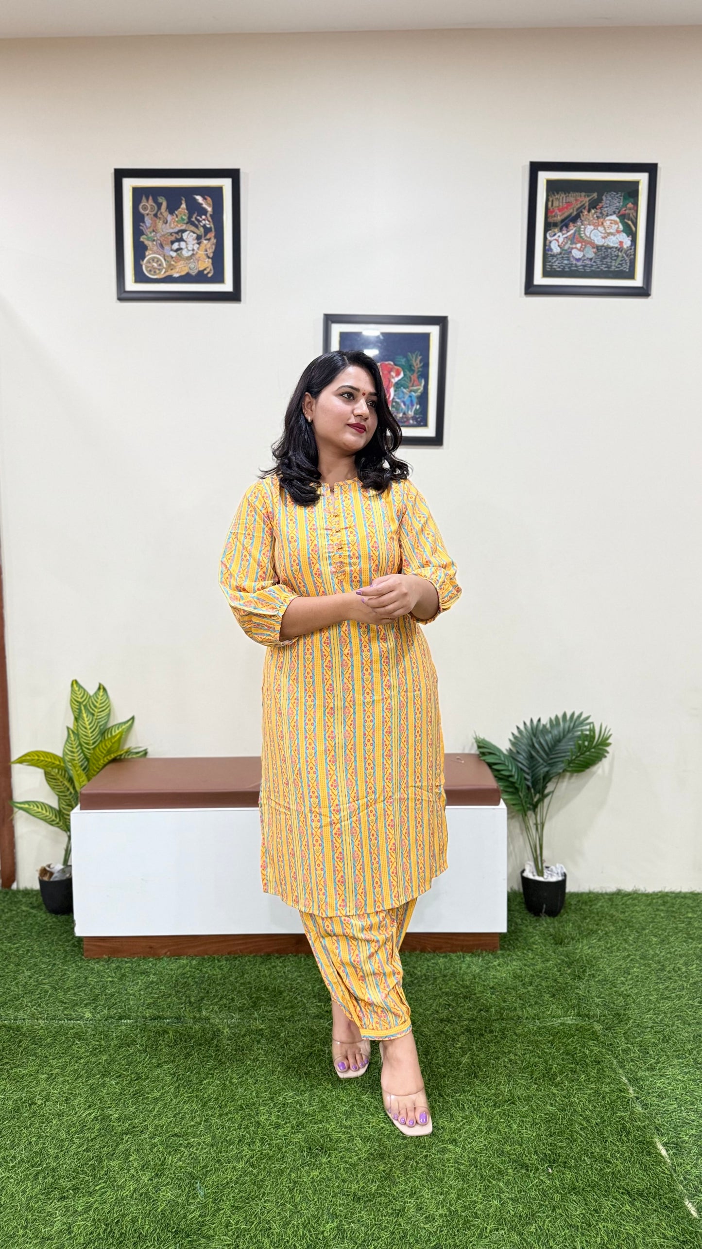Yellow Moss Digital Ethnic Printed Co-ord Set for Women | Cotton Blend Kurti with Pant | Summer Wear