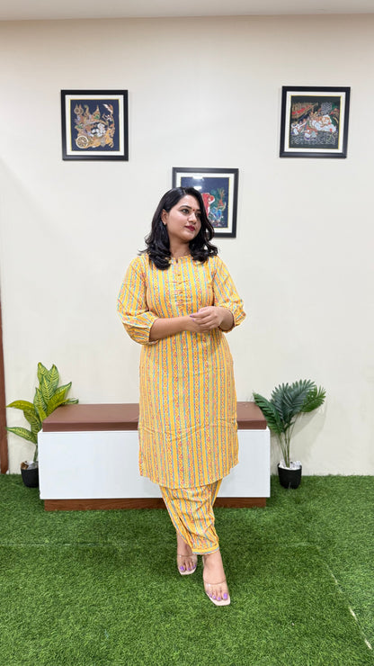 Yellow Moss Digital Ethnic Printed Co-ord Set for Women | Cotton Blend Kurti with Pant | Summer Wear