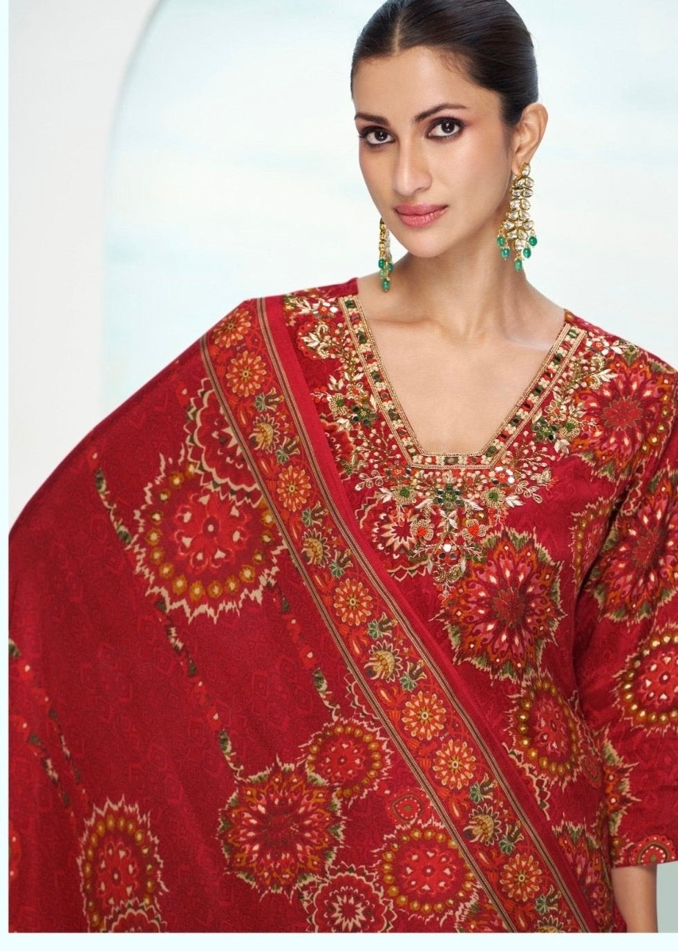 Natural Crepe Kurta Set with Mirror Handwork and Printed Viscose Dupatta – XL to 3XL Sizes