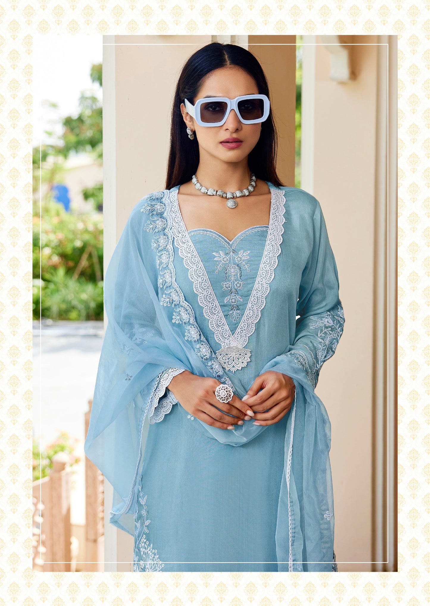 Muslin Kurti Palazzo Dupatta Set with Embroidery and Organza Dupatta for Women – L to 3XL