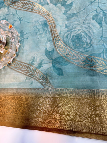 Bamboo Silk Floral Printed Saree with Rich Decorative Pallu, All Over Rich Leheriya Pattern