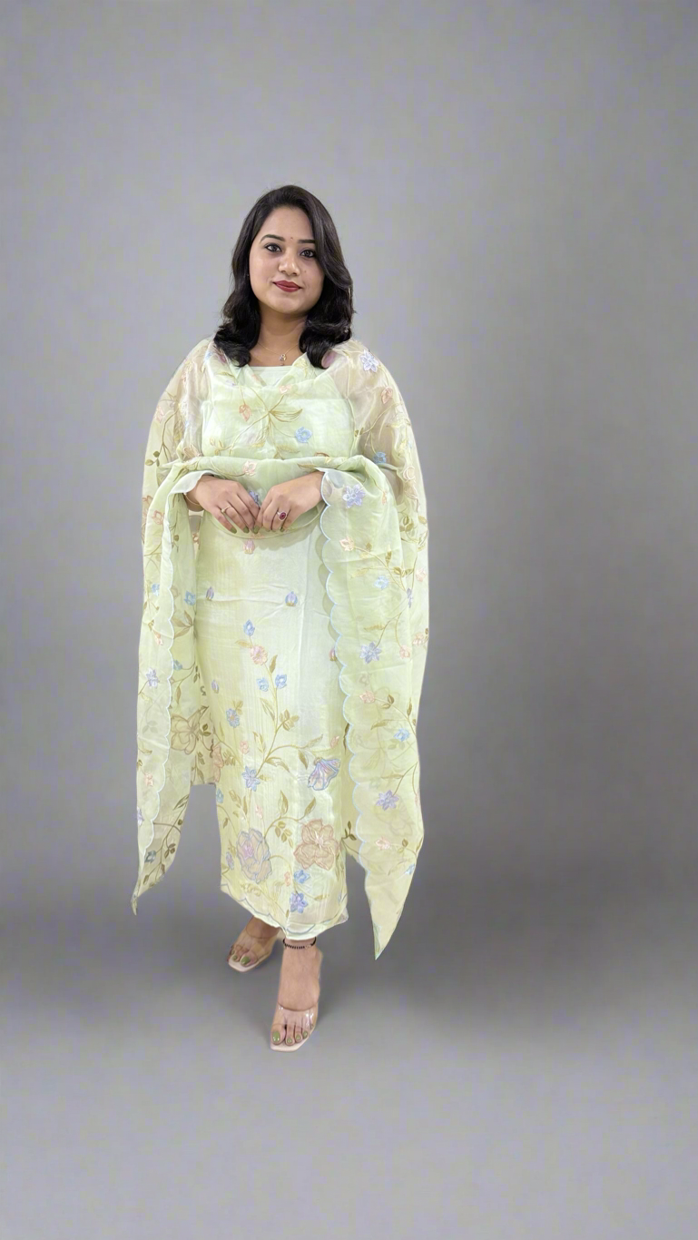 Unstitched Bamber Silk Suit with Resham Embroidery, 3D Patch Appliqué and Organza Dupatta