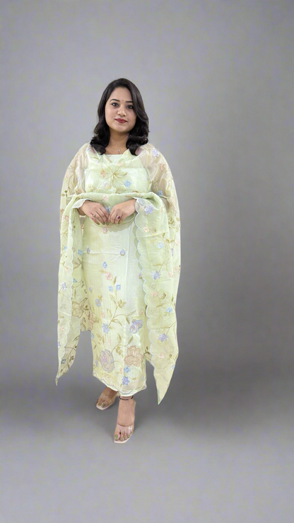 Unstitched Bamber Silk Suit with Resham Embroidery, 3D Patch Appliqué and Organza Dupatta