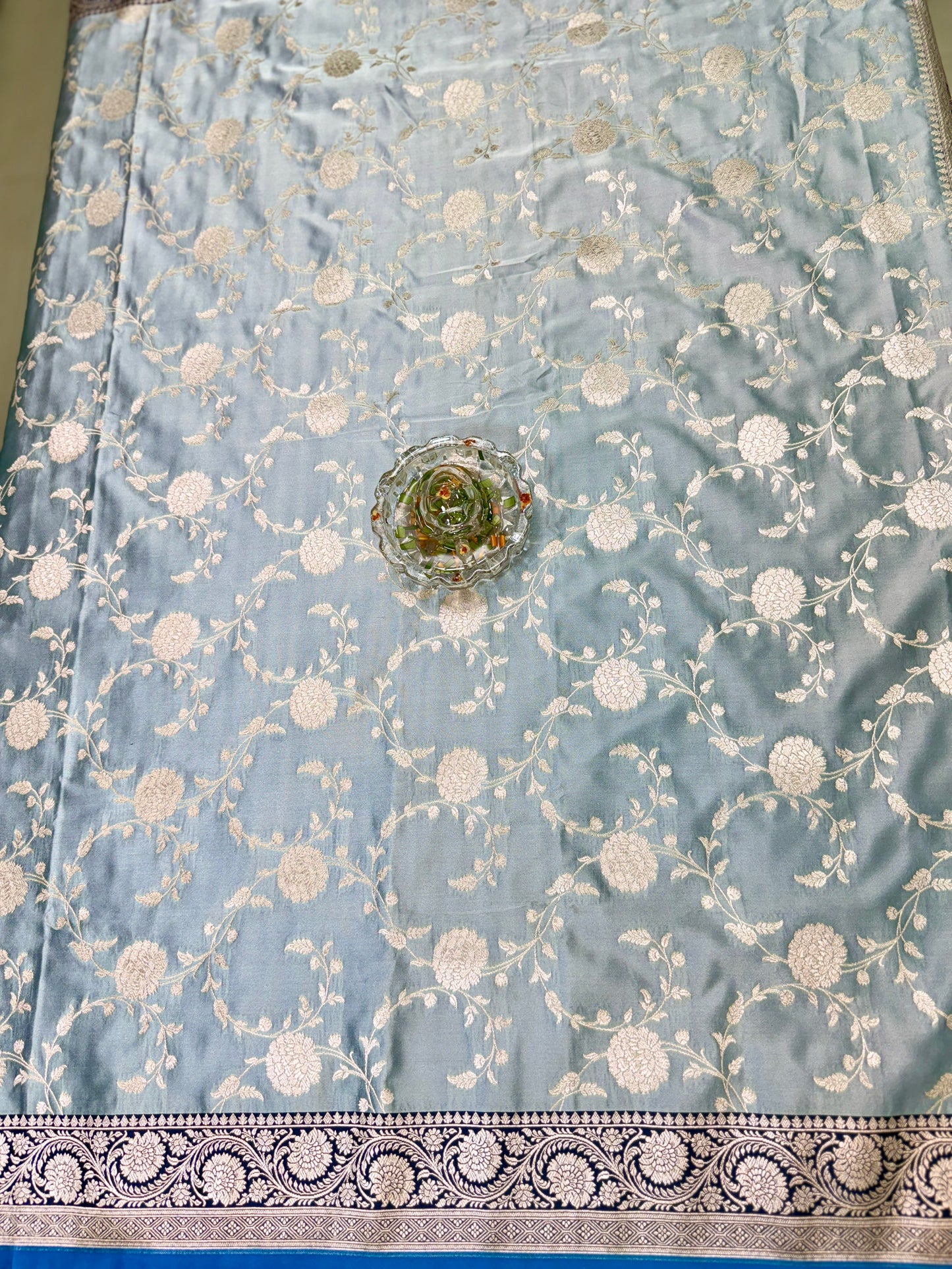 Banarasi Mashru Katan Silk Saree in Grey and Navy Blue with Contrast Blouse Piece – Women’s Festive Wear